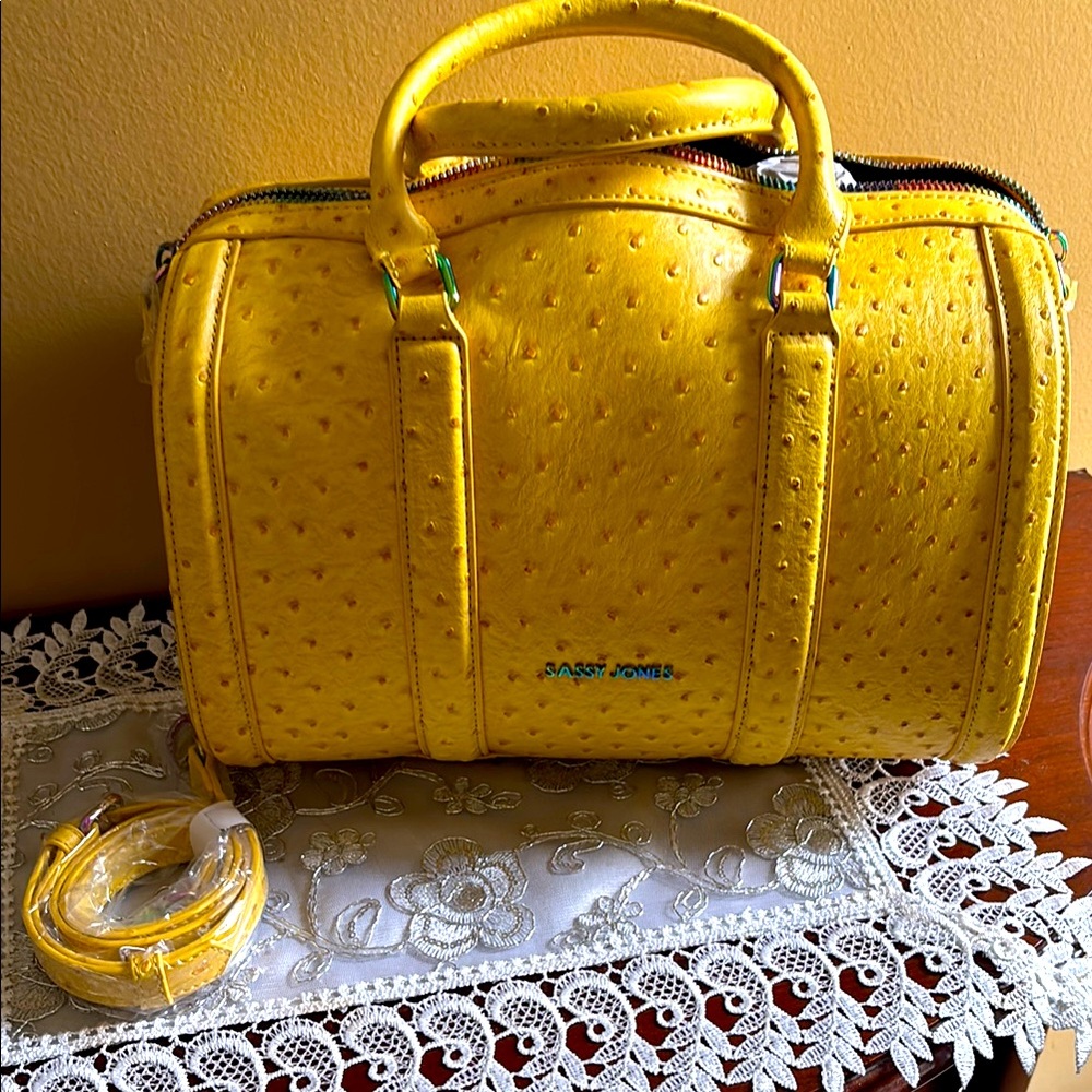 Sassy Jones Yellow Dottie Satchel with ostrich texture.
